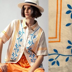 VRG Grl Blouse Sunsets Capri Linen Natural Button Down Collared Embroidered Sz 8